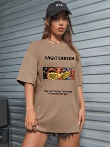 Ashley Baxter Áo phông oversize hở vai họa tiết hình ảnh và khẩu hiệu nghệ sĩ, dành cho mùa hè, ngày lễ, kỳ nghỉ, lễ hội - Màu nâu  Mocha - Xem 4