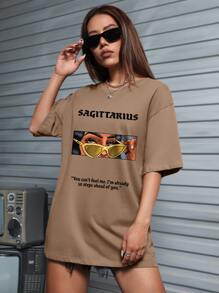 Ashley Baxter Áo phông oversize hở vai họa tiết hình ảnh và khẩu hiệu nghệ sĩ, dành cho mùa hè, ngày lễ, kỳ nghỉ, lễ hội - Màu nâu  Mocha - Xem 5