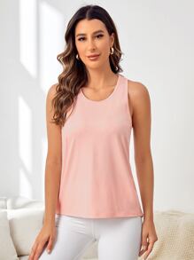 Yoga Basic 字母圖案後背繫帶運動背心 - 粉色 - 查看 3