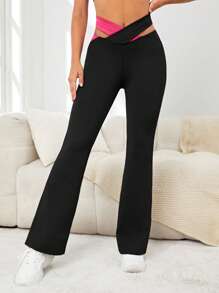 Pantalones acampanados de color combinado de cintura con abertura - Negro - Ver 1