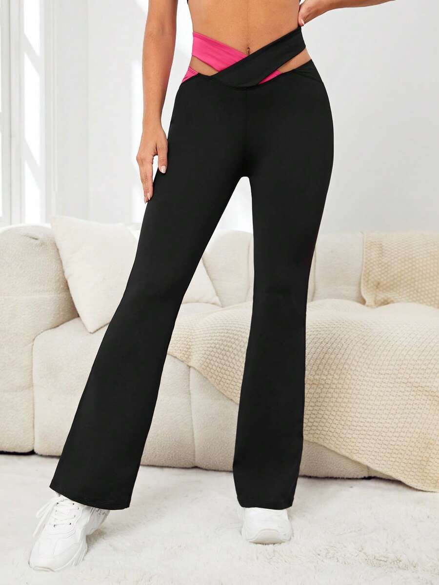 Pantalones acampanados de color combinado de cintura con abertura - Negro - Ver 1