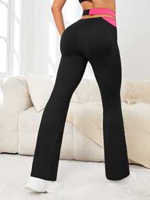 Pantalones acampanados de color combinado de cintura con abertura - Negro - Ver 2