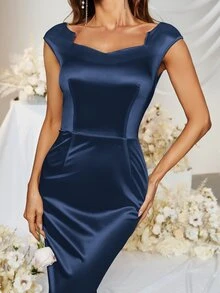 MUXXN Sweetheart Neck Mermaid Hem Satin Formal Dress - Navy Blue - View 4