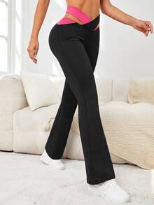 Pantalones acampanados de color combinado de cintura con abertura - Negro - Ver 3