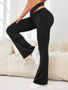 Pantalones acampanados de color combinado de cintura con abertura - Negro - Ver 4