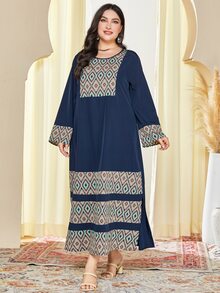 Al Najma Ropa árabe de talla grande Geométrico Sencillo - Azul Marino - Ver 3