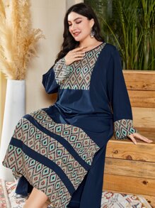 Al Najma Ropa árabe de talla grande Geométrico Sencillo - Azul Marino - Ver 1