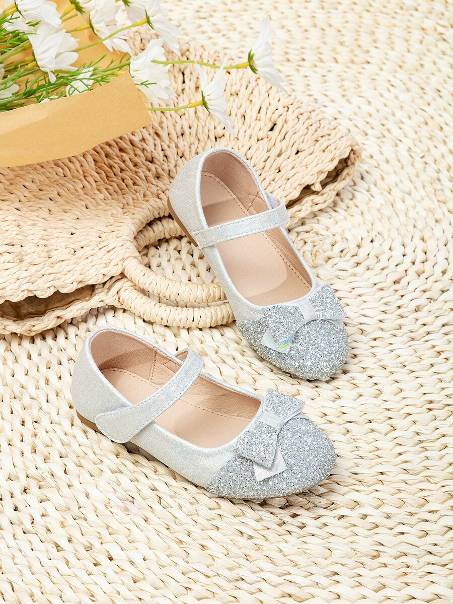 魅力四射瑪麗珍平底鞋適用於女孩亮片細節蝴蝶結裝飾平底鞋
