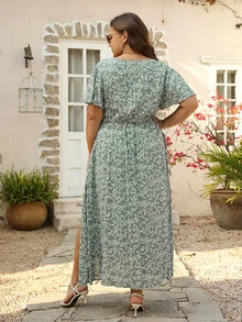 Nemidor 大碼碎花蝴蝶袖高衩連衣裙 - 薄荷綠 - 查看 2