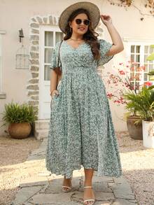 Nemidor 大碼碎花蝴蝶袖高衩連衣裙 - 薄荷綠 - 查看 3