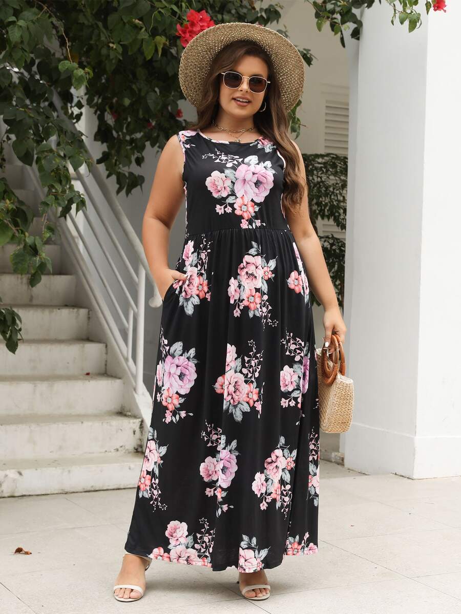 Plus Floral Print Hidden Pocket Dress - Black - View 1