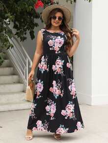 Plus Floral Print Hidden Pocket Dress - Black - View 3