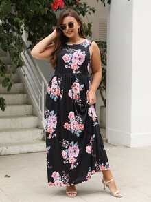 Plus Floral Print Hidden Pocket Dress - Black - View 6