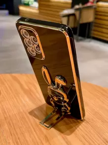 1 Stück Schwarze TPU Elektro-plattierte Handyhülle für iPhone 16 und 1 Stück Schwarzer Elektro-plattierter Hasen-Handyständer
