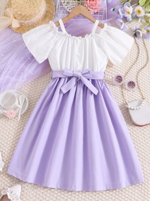 Tween Girl Two Tone Frill Trim Cold Shoulder Dress - Mauve Purple - View 1