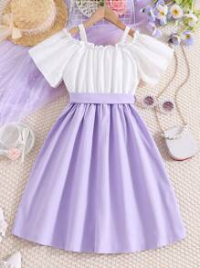 Tween Girl Two Tone Frill Trim Cold Shoulder Dress - Mauve Purple - View 2