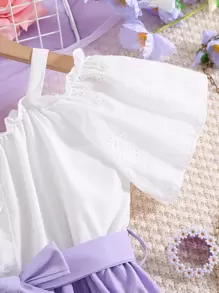 Tween Girl Two Tone Frill Trim Cold Shoulder Dress - Mauve Purple - View 6