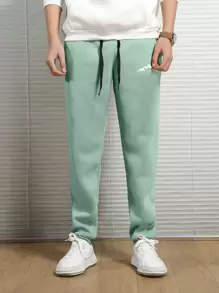 Manfinity Homme 男士山圖案腰部抽繩加絨內裏衛褲 - 薄荷綠 - 查看 6