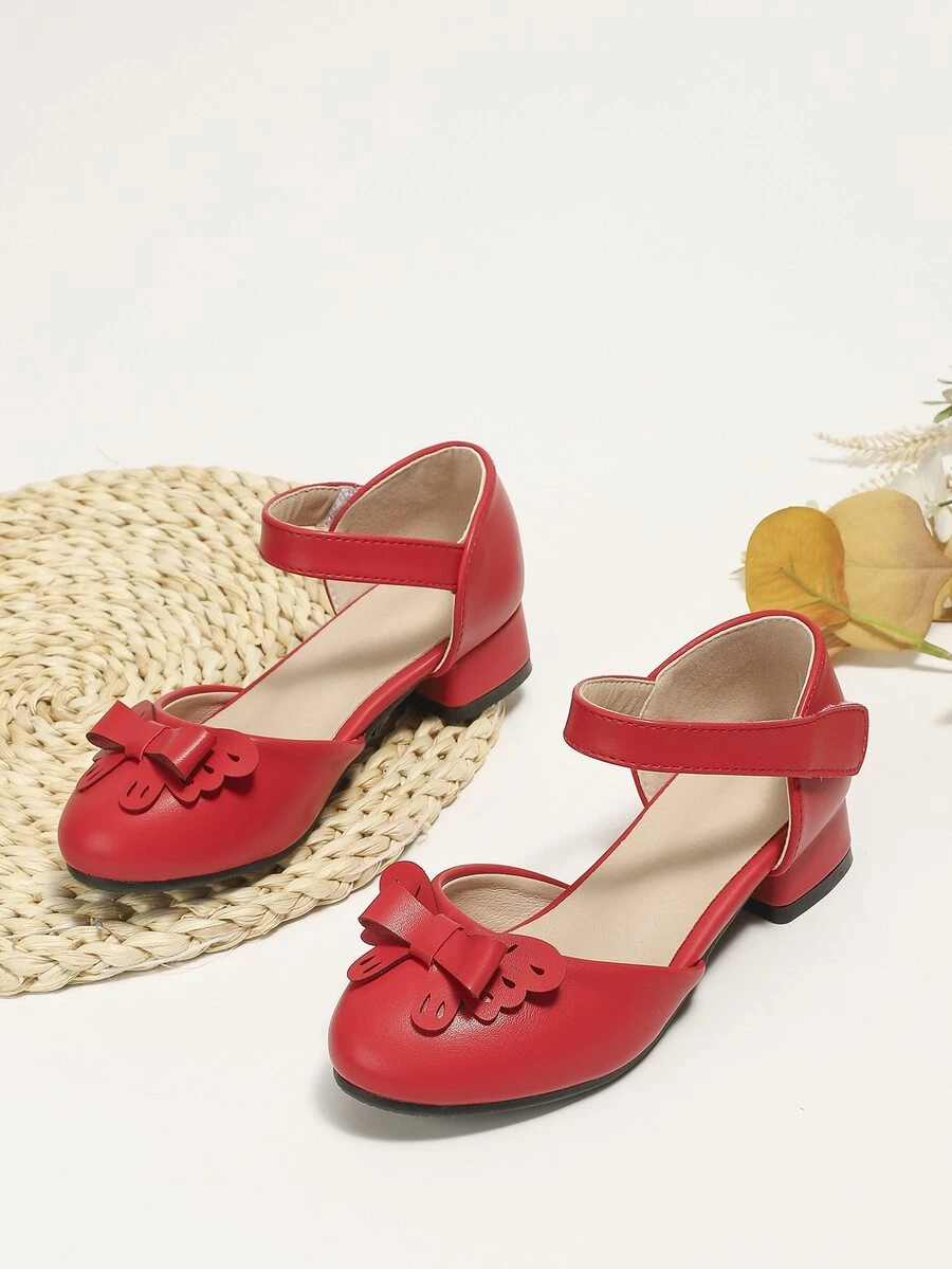 Girls Bow Decor Ankle Strap Flats, Funky Red Ankle Strap Flats - Red - View 1