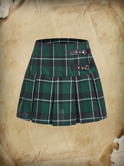 Plaid Print Buckle Detail Pleated Skirt