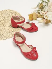 Girls Bow Decor Ankle Strap Flats, Funky Red Ankle Strap Flats - Red - View 3