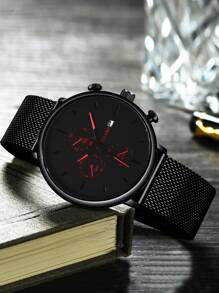 YOLAKO1 1入組黑色鋅合金帶時尚日期圓形錶盤石英表,適用於日常生活 - 黑色 - 查看 2