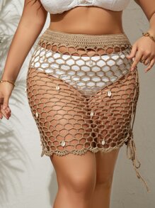 Plus Shell Decor Hollow Out Tie Side Cover Up Skirt Without Bikini Bottom - Apricot - View 1
