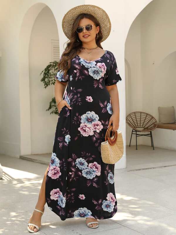 Nemidor Plus Floral Print Split Hem Dress