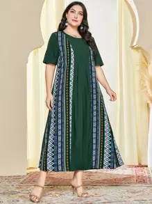 Al Najma Plus Geo Print Smock Dress - Dark Green - View 1