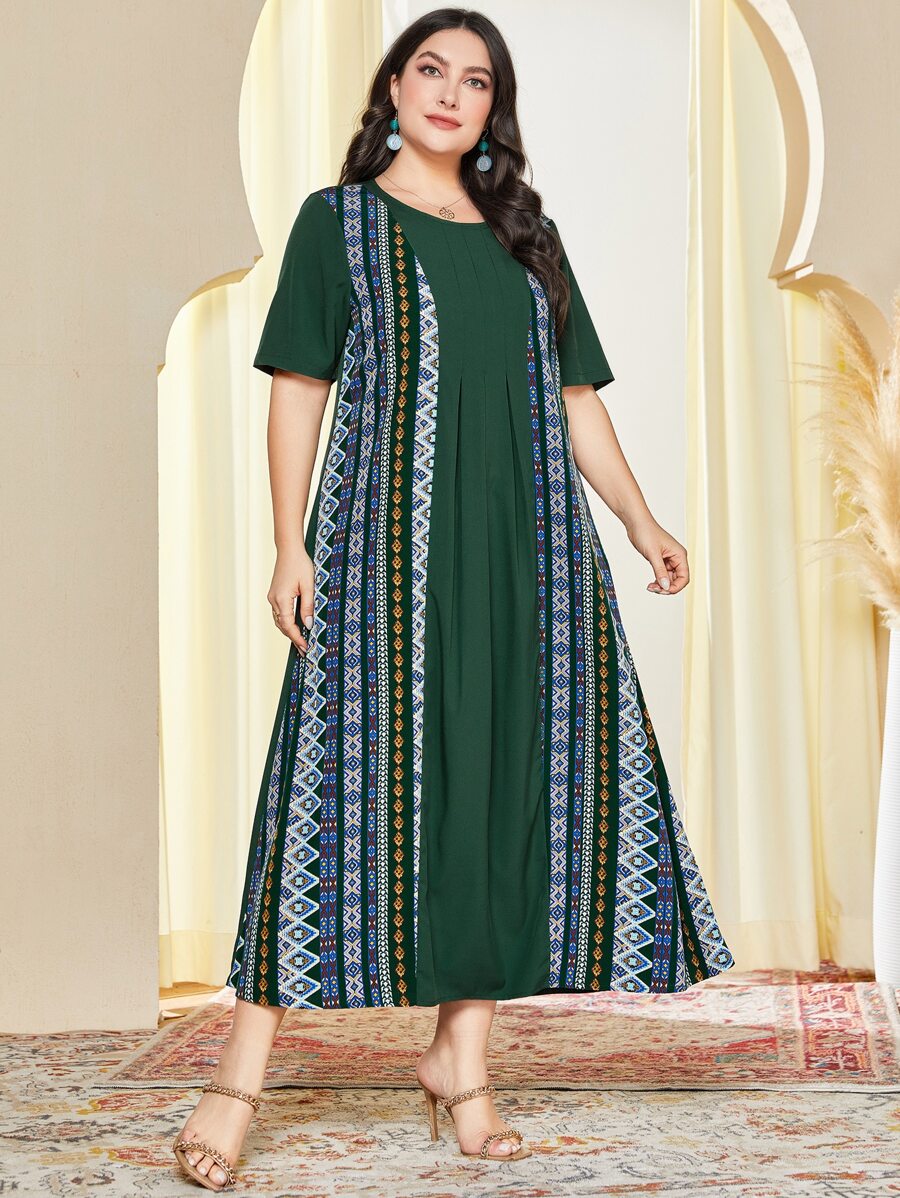 Al Najma Plus Geo Print Smock Dress - Dark Green - View 1