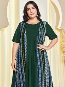 Al Najma Plus Geo Print Smock Dress - Dark Green - View 6