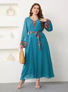 Al Najma Plus Paisley Print Belted Coat & Dress - Teal Blue - View 1