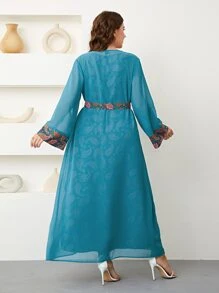 Al Najma Plus Paisley Print Belted Coat & Dress - Teal Blue - View 2