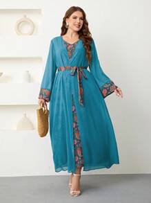 Al Najma Plus Paisley Print Belted Coat & Dress - Teal Blue - View 5