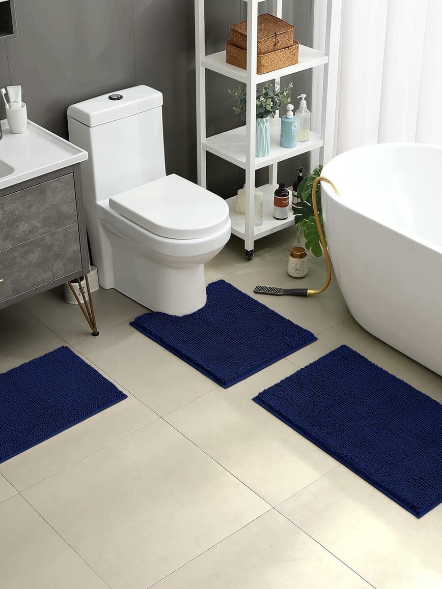 1pc Solid Bath Rug, Minimalist Polyester Non-slip Bath Mat For Bathroom - Navy Blue - View 1
