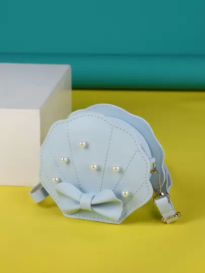 Girls Faux Pearl & Bow Decor Dome Bag Mini Blue