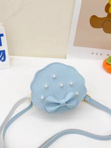 女孩人造珍珠和蝴蝶結裝飾貝殼包迷你 - 淺藍色 - 查看 4