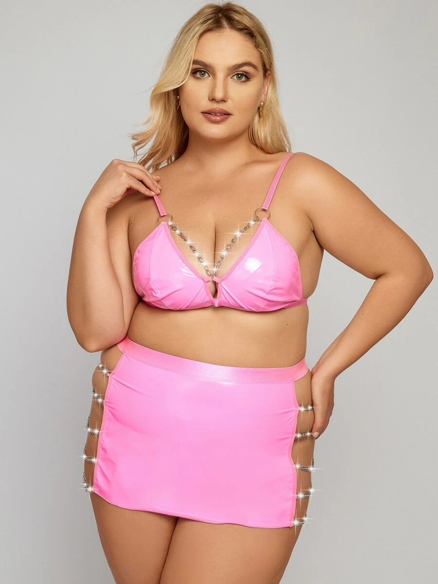 Plus Chain Detail PU Lingerie Set - Pink - View 1