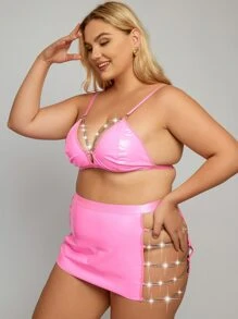 Plus Chain Detail PU Lingerie Set - Pink - View 3