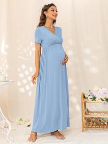 DEARCASE Maternity Surplice Neck Solid Dress - Baby Blue - View 5