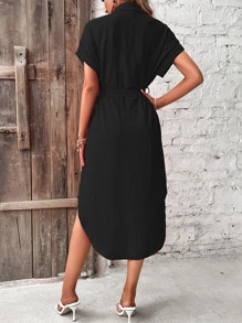 SHEIN LUNE 翻蓋細節蝙蝠袖腰帶襯衫洋裝