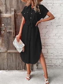 SHEIN LUNE 翻蓋細節蝙蝠袖腰帶襯衫洋裝