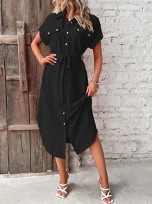 SHEIN LUNE 翻蓋細節蝙蝠袖腰帶襯衫洋裝