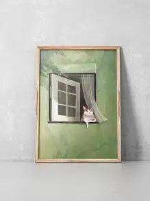 一件高清印刷帆布海報,帶有可愛的動物貓和窗戶圖案,綠色自然現代斯堪的納維亞風格,適合客廳、臥室、沙發背景、玄關櫃、書桌裝飾、壁掛家居裝飾品、無框替換帆布、pvc 管包裝為了運輸安全。