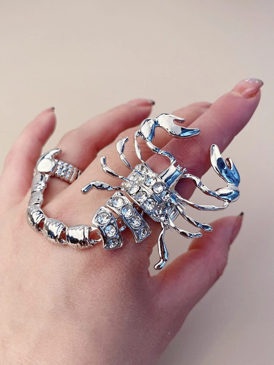 水鑽蠍裝飾連體戒指 - 銀色 - 查看 1