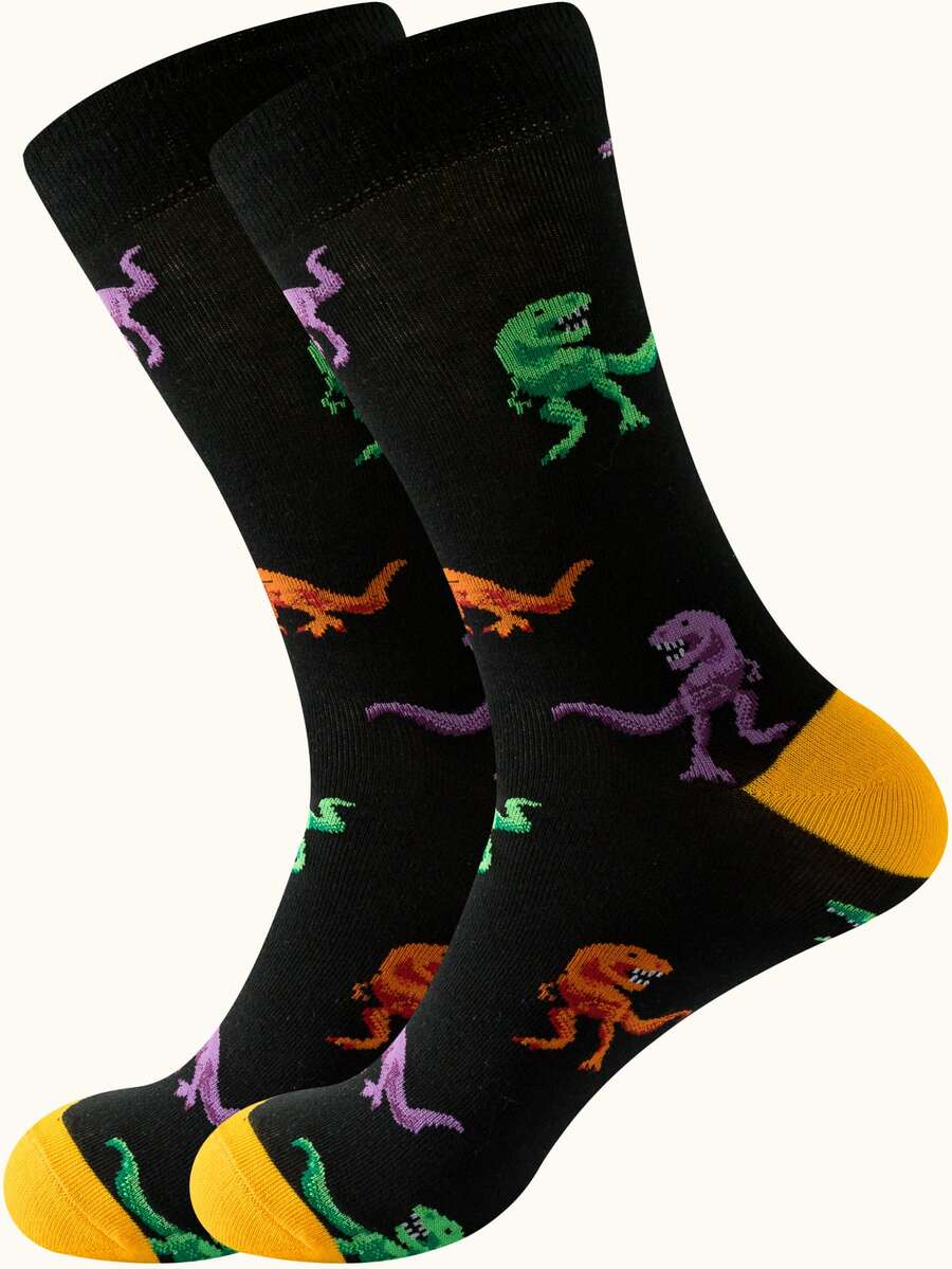 1雙男士恐龍圖案休閒風格中筒襪 - 彩色 - 查看 1