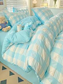 4入組套格子圖案被套1入組被套和1入組床單和2入組枕套現代滌綸家居床上用品套裝 - 藍色 - 查看 4