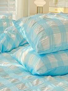 4入組套格子圖案被套1入組被套和1入組床單和2入組枕套現代滌綸家居床上用品套裝 - 藍色 - 查看 5