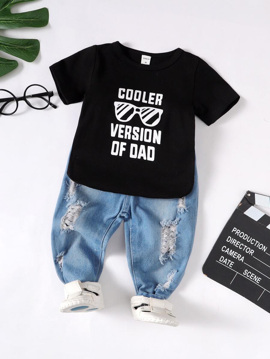 Baby Boy Slogan And Glasses Print Tee & Ripped Jeans - Multicolor - View 1