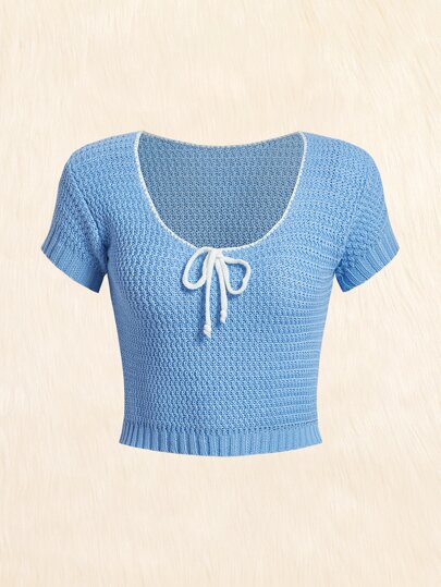 Contrast Binding Tie Front Crop Knit Top